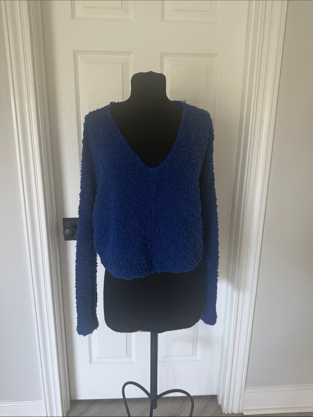 Free People Deep Blue V-Neck Plush Sweater
